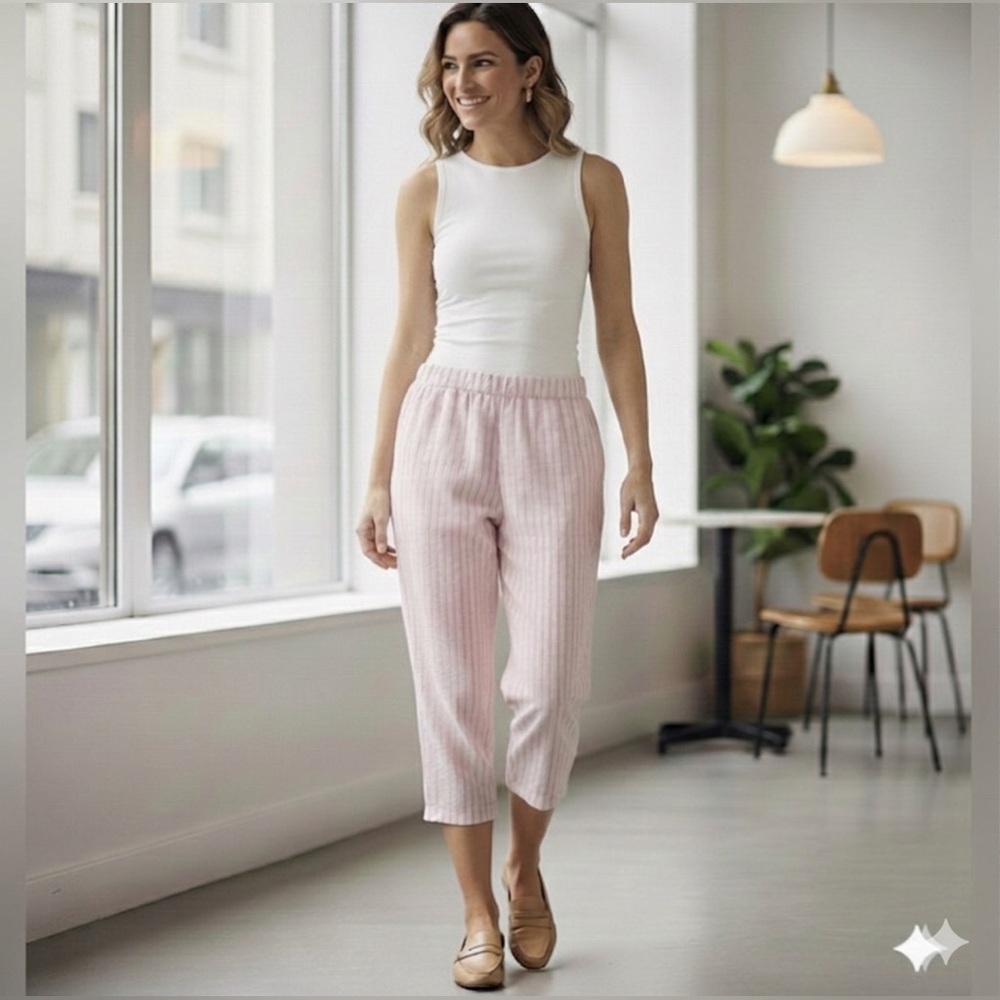 Pink Striped Women's Pajama Three-quarter Pants
